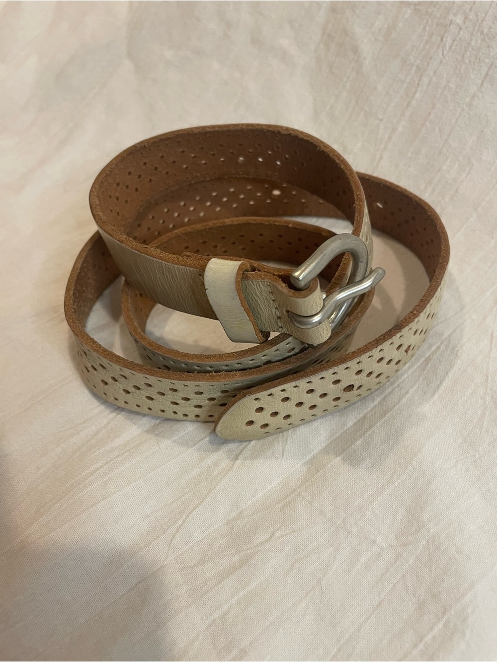 Genuine Leather Perforated Skinny Belt Ivory Cream Boho Minimalist Medium